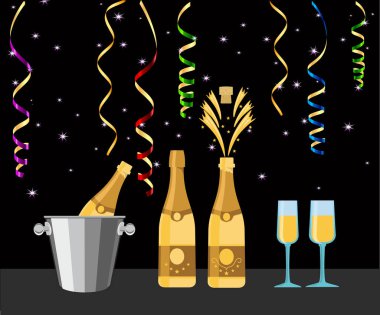 Siyah bir arka plan üzerinde şampanya, serpantin ve gözlük ile Parti. Buz kovasında şampanya şişesi. vektör illüstrasyon 