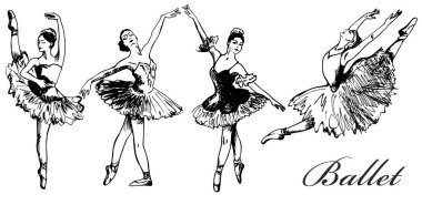 Ba -lerin. Bale dansçısı skeç seti. Sanatsal el çizilmiş resimler tiyatro tema seti. Balerinler dans ediyor. Tutu ile Balerin dansçı, bale poz kadın