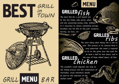 Barbekü ızgarası menüsü. Izgara balık, ızgara kaburga, ızgara tavuk