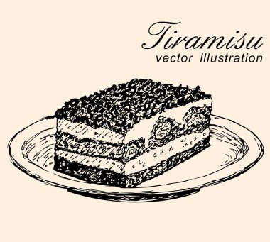 Tiramisu el çizilmiş vektör illüstrasyon. Retro tarzı. İtalyan tatlısı tiramisu. 