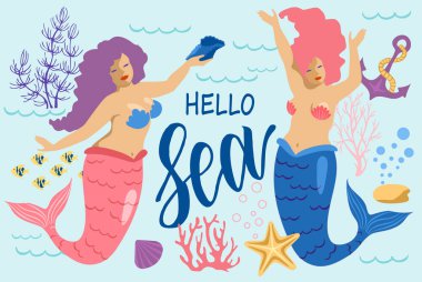 Mavi arka plan üzerinde Hello deniz ve denizkızları Lettering. Vektör illüstrasyon. Tekstil, poster, tebrik kartı, davetiye için baskı tasarımı için mükemmel.