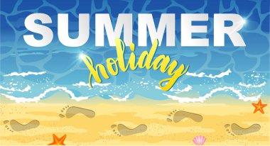 Yaz tatil kavramı vektör çizim. Üstten Görünüm Beach. Poster, afiş, kart, el ilanı vb. için şablon