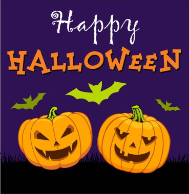 Mutlu Cadılar Bayramı vektör Illustration. Kabaklar ve yarasalar karanlık bir arka planda. Kartı