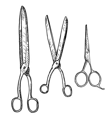 El çizilmiş makas seti. Beyaz arka plan üzerinde makas vektör gravür illüstrasyon