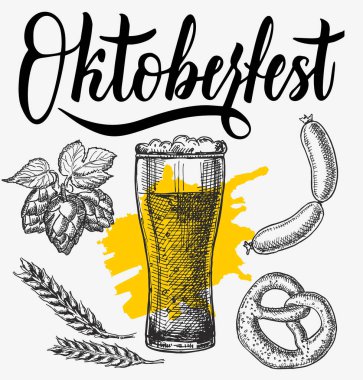Oktoberfest seti. Bira ve sosis vektör illüstrasyon. Bira için hammadde: şerbetçiotu ve arpa kulakları dalı. Pub menüsü