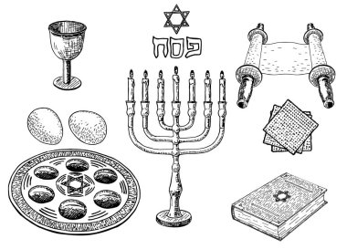 Passover temasında skeçler seti. Mutlu Hanuka seti. Yahudi tatilinde nitelikler ve semboller. Yahudilik kilise geleneksel sembol ve karakter vektör illüstrasyon.