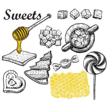 Tatlılar, bal, şeker, kurabiye, tatlılar, tatlılar Vektör toplama. Beyaz arka plan üzerinde yalıtılmış el çizimleri