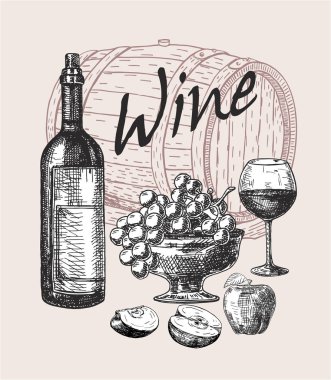 Eskiz tarzında şarap yapımı ürünleri. Şarap fıçısı, cam, üzüm, üzüm dalı olan vektör çizimi. Klasik alkolik içkisi.
