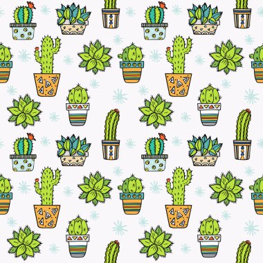 Kaktüs Dikişsiz desen. Trendy Boho arka plan. Cacti kumaş baskı tasarımı. Succulent Tekstil yüzeyi