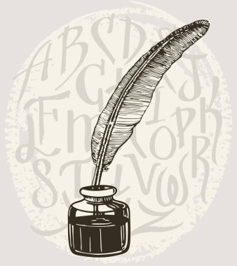 Vintage pen for writing. Goose feather. Pen and inkwell. It can be used as an idea for a tattoo. Alphabet brush background. Graphic illustration clipart