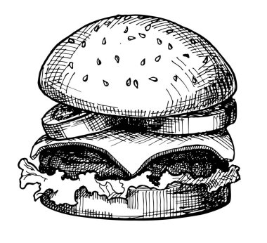 Çizilmiş Cheeseburger veya Hamburger ver. Sketch vektör çizim.