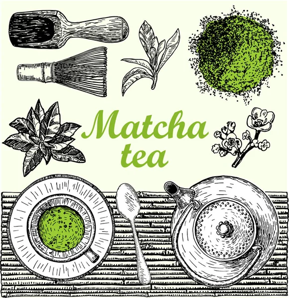 Vector Frame Tea Japanese Tea Ceremony Matcha Tea Vintage Style — Stock Vector