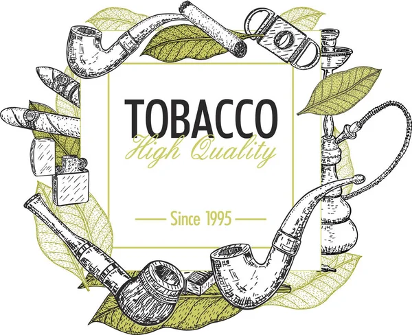 手绘海报与烟草和吸烟收集 单色素描背景与雪茄 矢量插图 — 图库矢量图片