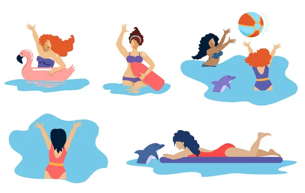 Bannières Icônes Heureux Vecteur Femmes Natation Ensemble Illustration Une Femme — Image vectorielle