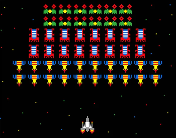 宇宙侵略者游戏 像素空间侵略者设置复古风格的视频游戏矢量例证与子弹和宇宙飞船 — 图库矢量图片