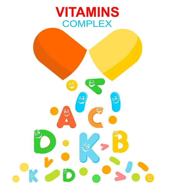 Complejo Vitamínico Cápsulas Píldoras Burbujas Vitaminas Con Nombres Para Suplemento — Vector de stock