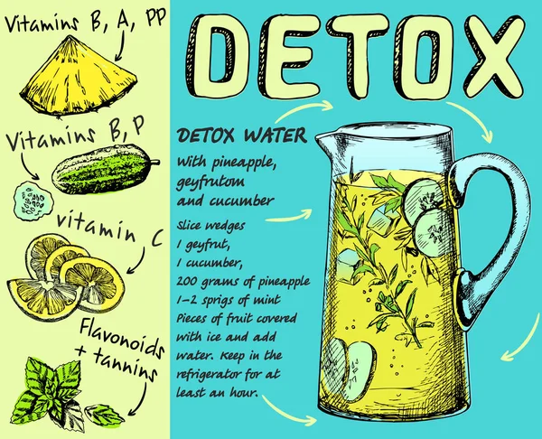 Detox Vatten Detox Vatten Från Ananas Gurka Och Grapefrukt Detox — Stock vektor