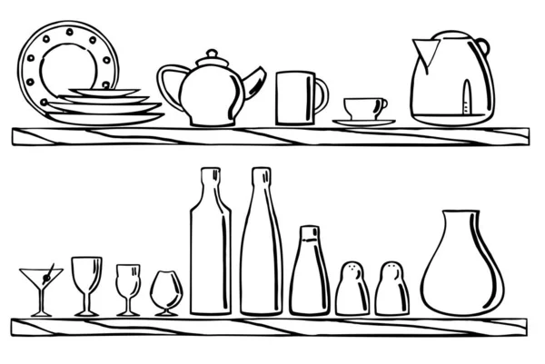 Набор Кухонных Предметов Посуда Стоит Полках Векторная Иллюстрация — стоковый вектор