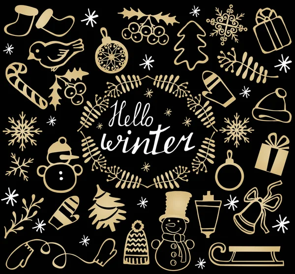 Hallo Winter Hand Getekende Winter Kerstmis Belettering Offerte Schattig Nieuwjaar — Stockvector