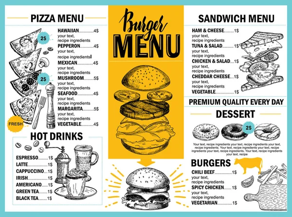 Food Menu Restaurant Cafe Design Template Hand Drawn Graphic Elements — Stock Vector