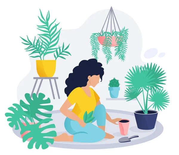 Home Gardening Character Woman Holding Flower Pot Potted Indoor Plants — Stock Vector