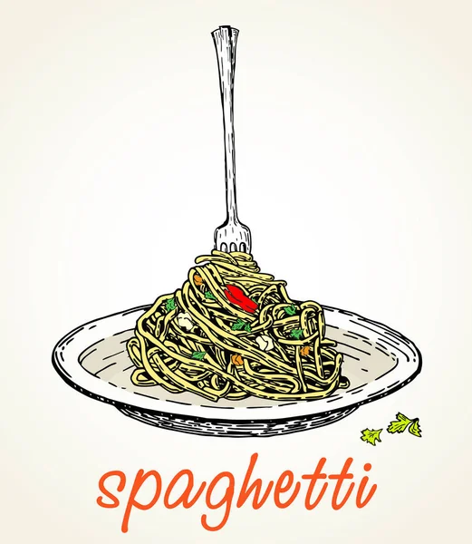 Nudeln Auf Gabel Und Teller Spaghetti Vektorillustration — Stockvektor