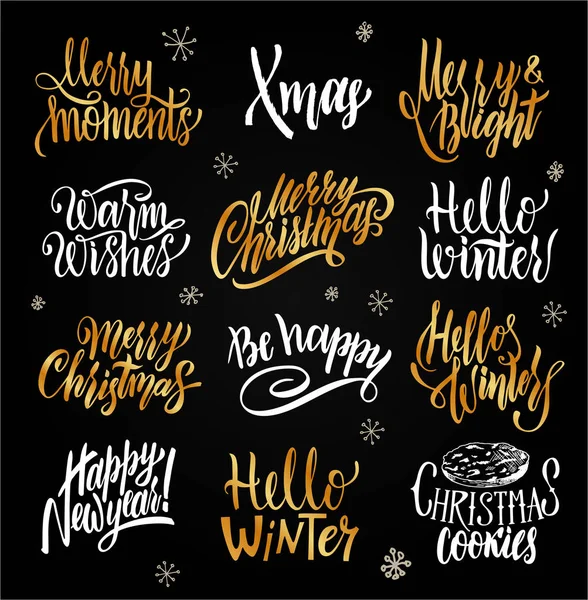 Schriftzug Weihnachtsset Frohe Weihnachten Hallo Winter Herzliche Grüße Typografie Set — Stockvektor