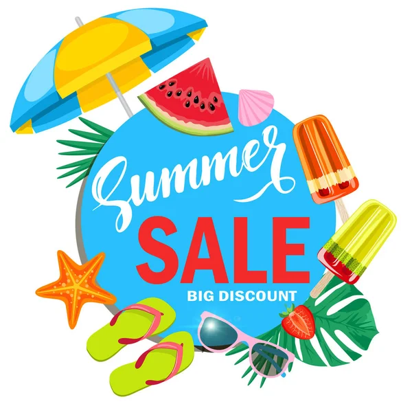 Summer Sale Vector Banner Design Promotion Colorful Beach Elements Blue — Stock Vector