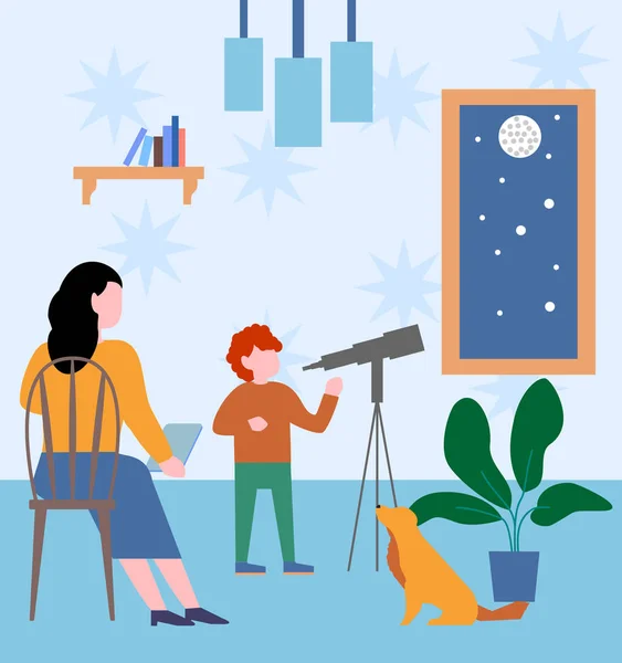 Boy Watching Telescope Out Window Mom Son Studying Stars Concept — Stock Vector