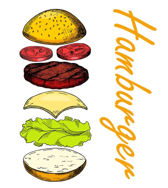 Ingredientes Hamburguesa Con Carne Queso Tomate Ensalada Bollo Hamburguesa Clásica — Archivo Imágenes Vectoriales