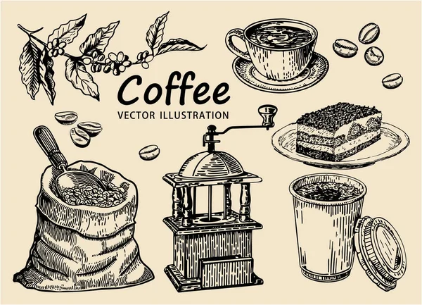 Coffret Café Dessiné Main Croquis Café — Image vectorielle