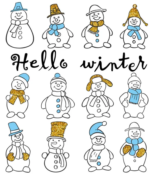 Set Muñecos Nieve Invierno Navidad Muñeco Nieve Aislado Vector Ilustración — Archivo Imágenes Vectoriales