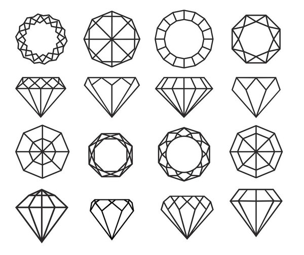 Diamond or brilliants icons set. Line and silhouette diamonds vector collection  