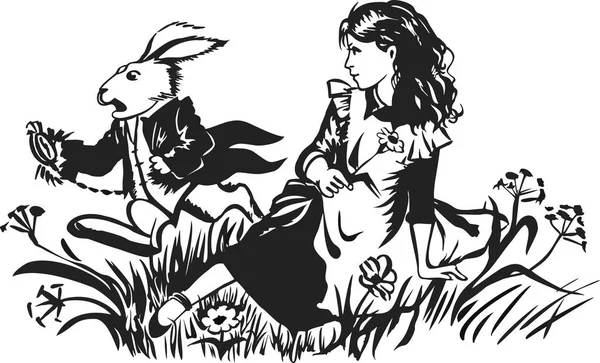Аліса Країні Чудес Аліса Білий Кролик Малювання Чорнила Вектор Ізолювати — стоковий вектор