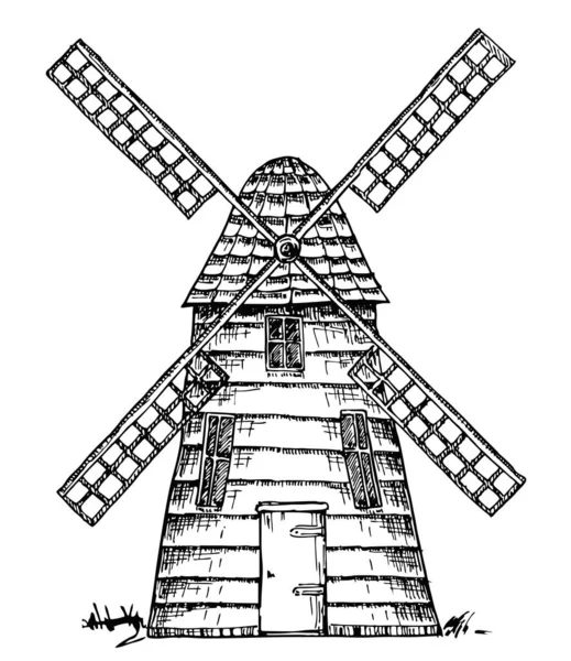 Ancien Moulin Isolé Illustration Dessinée Main Moulin Croquis Encre — Image vectorielle