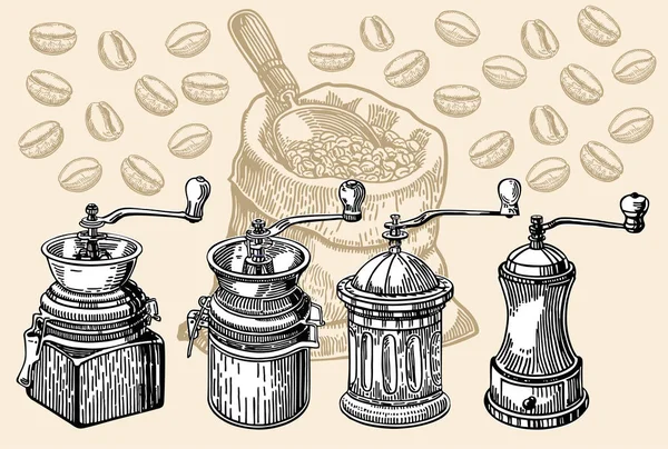 Coleção Moinhos Café Vintage Moedores Café Velho Vector Ilustração — Vetor de Stock