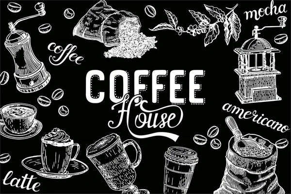 海报为咖啡馆 咖啡店 咖啡厅 餐厅在黑板背景 — 图库矢量图片