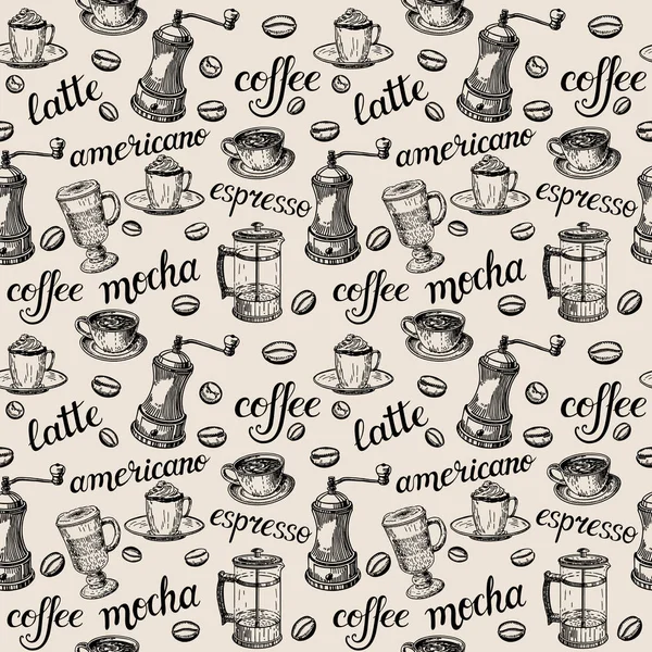 Patrón Café Los Nombres Los Diferentes Tipos Café Cócteles Café — Vector de stock
