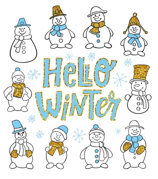 Sneeuwpop Set Winter Kerst Sneeuwpop Geïsoleerd Vector Illustratie — Stockvector