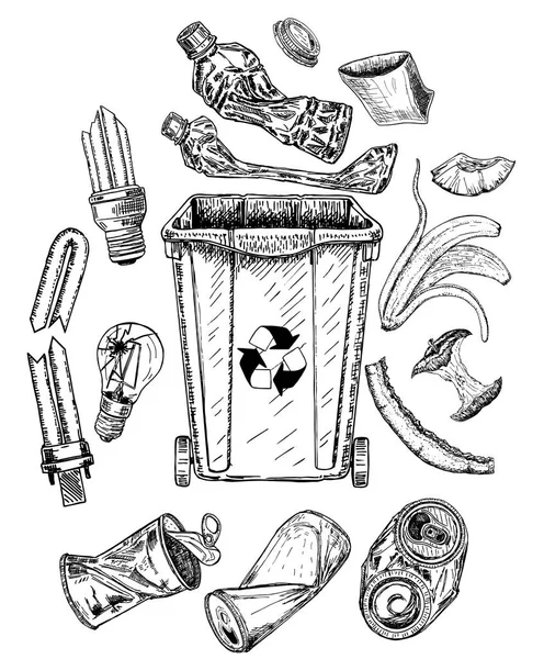 쓰레기통이 휴지통 스케치 종류의 쓰레기 폐기물 일러스트 — 스톡 벡터