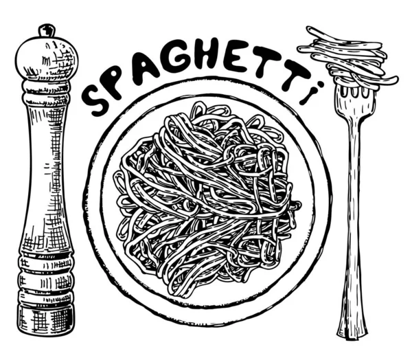 Sketch Çizilmiş Spagetti Makarna Üst Görünüm Talyan Mutfağının Kazınmış Mürekkep — Stok Vektör