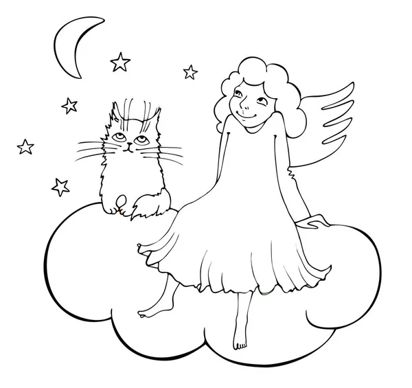 Angel Zittend Een Wolk Engel Kat Omtrek Voor Het Schilderij — Stockvector