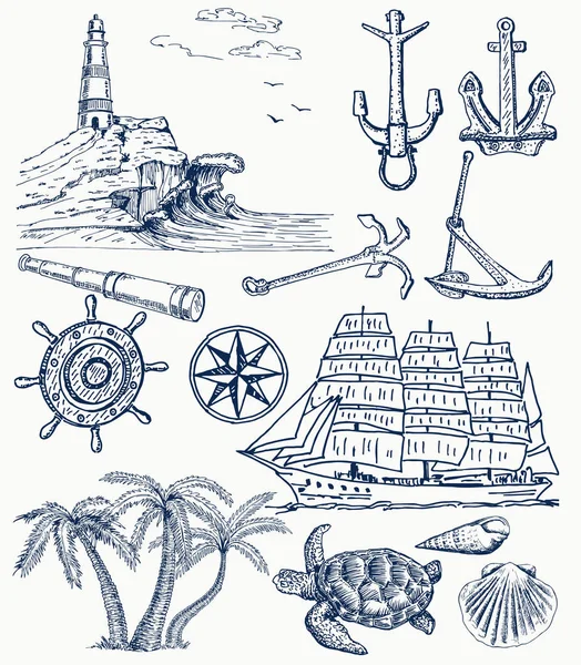 Námořní Cestovní Dobrodružné Kreslené Vektorové Sady — Stockový vektor