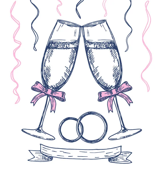 Bröllops Glasögon Med Champagne Champagne Toast Illustration Vektor Skiss — Stock vektor