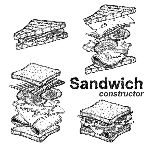 Sandwich Konstrukteur Fast Food Und Streetfood Schinken Käse Tomaten Zwiebeln — Stockvektor