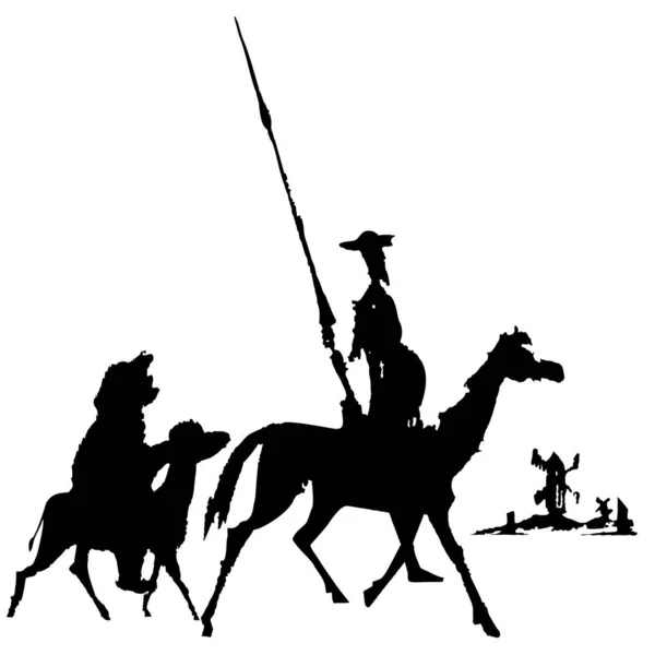 Don Quixote Sancho Panza Ink Sketch Characters Cervantes Novel Illustration — Stock Vector