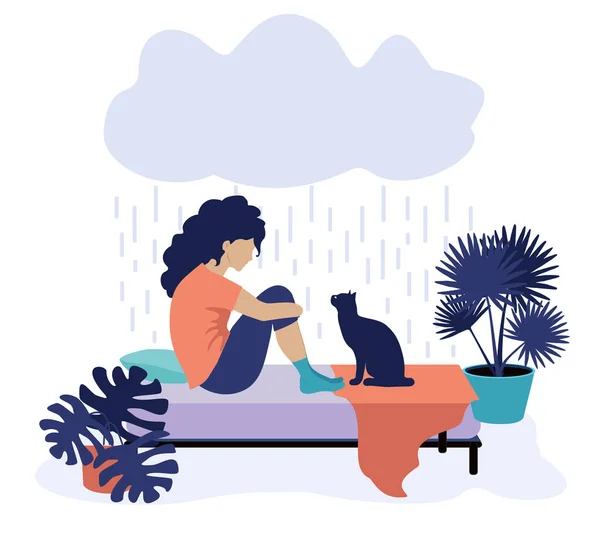 Mujer Deprimida Gato Triste Mujer Cama Triste Mujer Sentada Cama — Vector de stock