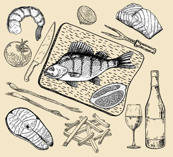 Готовая Рыба Сырые Овощи Тарелке Морепродукты Свежая Рыба Рисунок — стоковый вектор