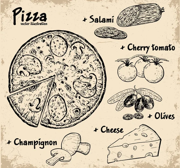 あなたのデザインのための手描きベクトルイラストクッキングピザ イタリアのピザのレシピ — ストックベクタ
