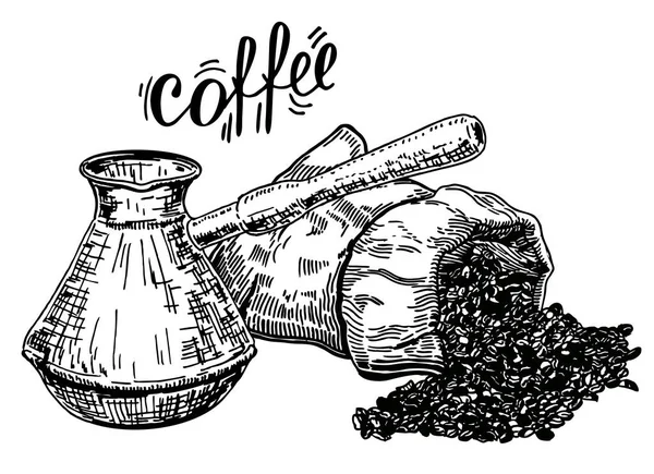 Cafetera Tradicional Turca Cezve Bolsa Granos Café Ilustración Vector Café — Vector de stock